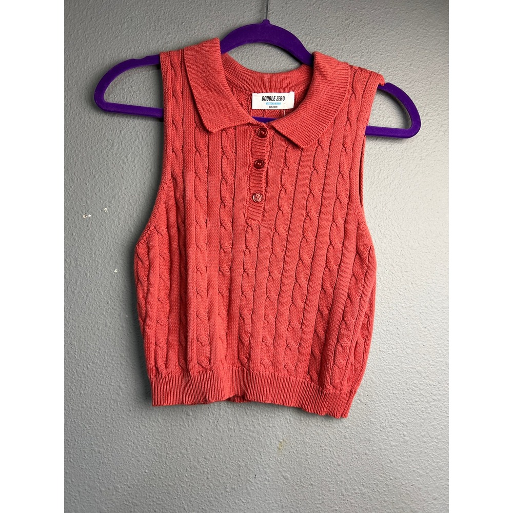 Double Zero Coral Pink Cable Knit Polo Sweater Vest Sleeveless Cotton Medium